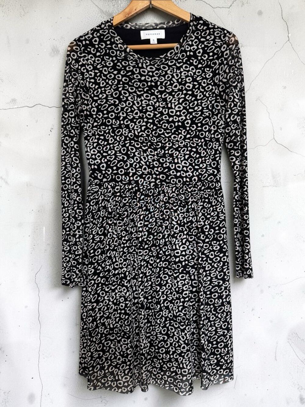 POPSUGAR Women's Black White Animal Print Dress Long Sleeve Size S Skater Dress